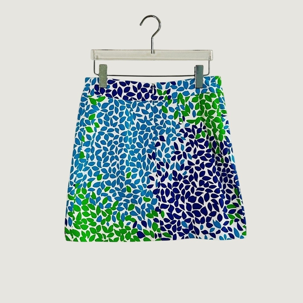Melly M Womens Green Blue Leaf Print Mini Skirt Gold Button Size 2 Made in USA - Picture 2 of 7
